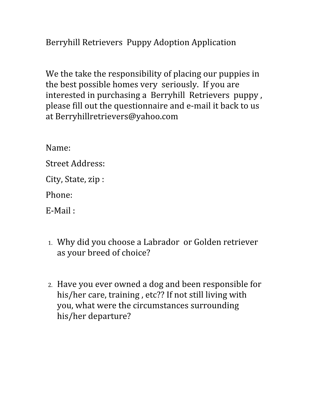 Berryhill Retrievers Puppy Adoption Application