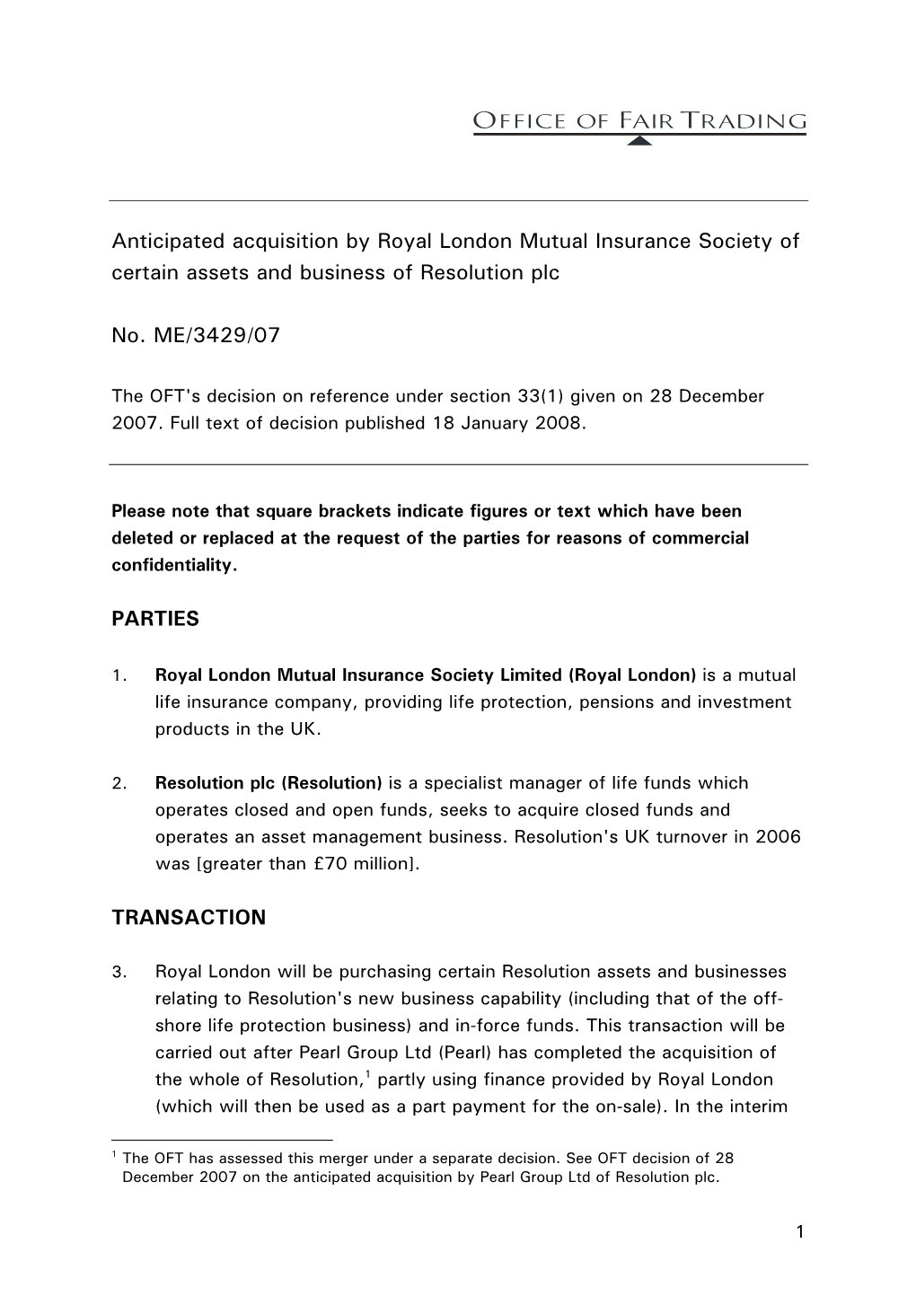 Anticipated Acquisition by Royal London Mutual Insurance Society of Certain Assets and Business of Resolution Plc