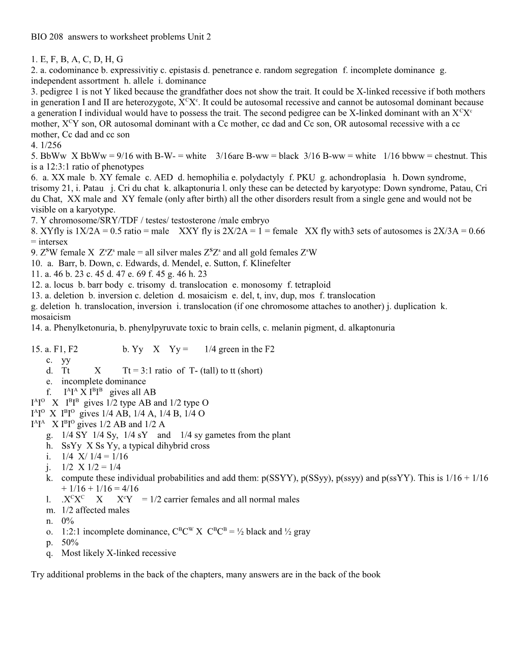 BIO 208 Answers to Worksheet Problems Unit 2