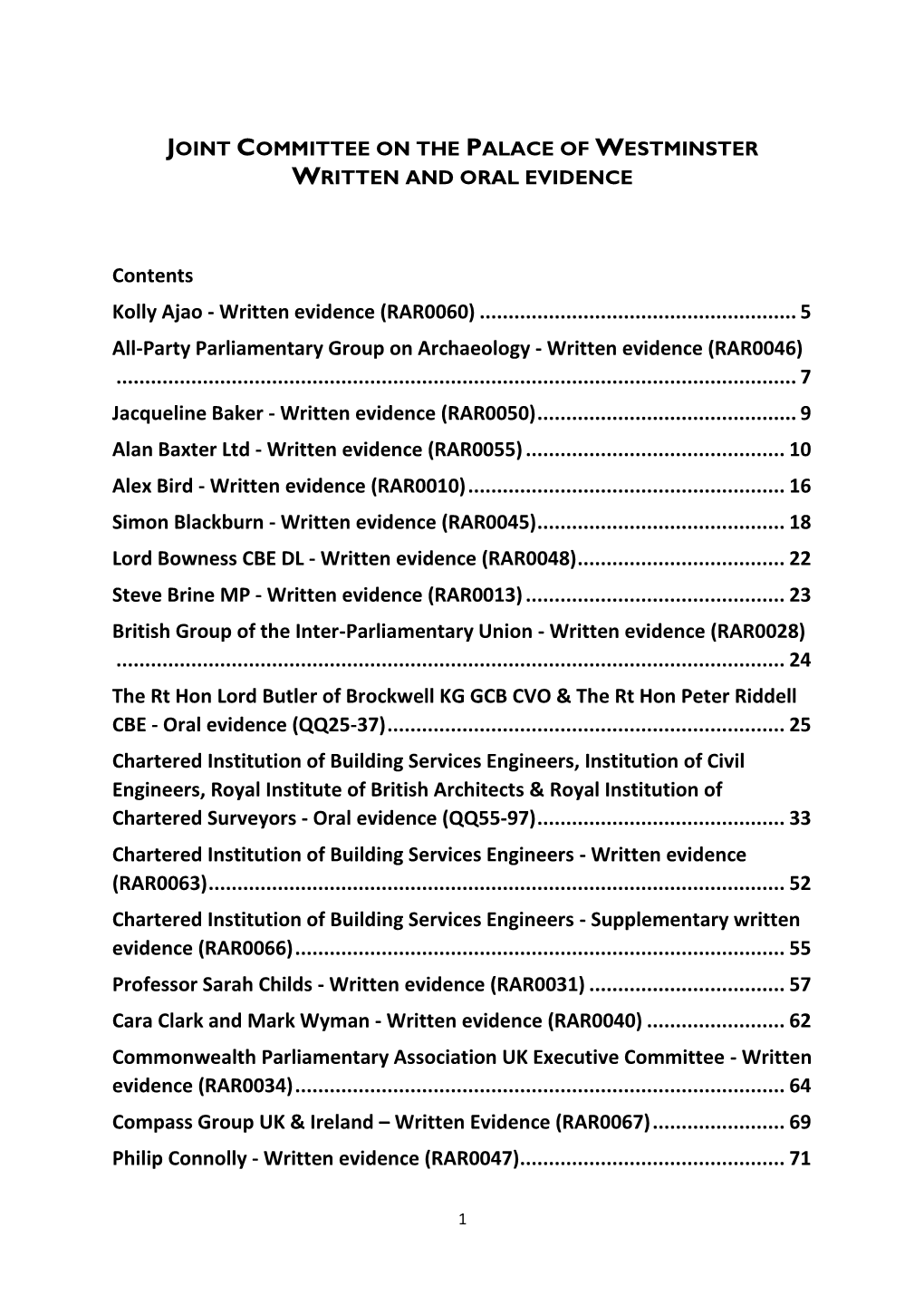 Joint Committee on the Palace of Westminster Evidence Volume