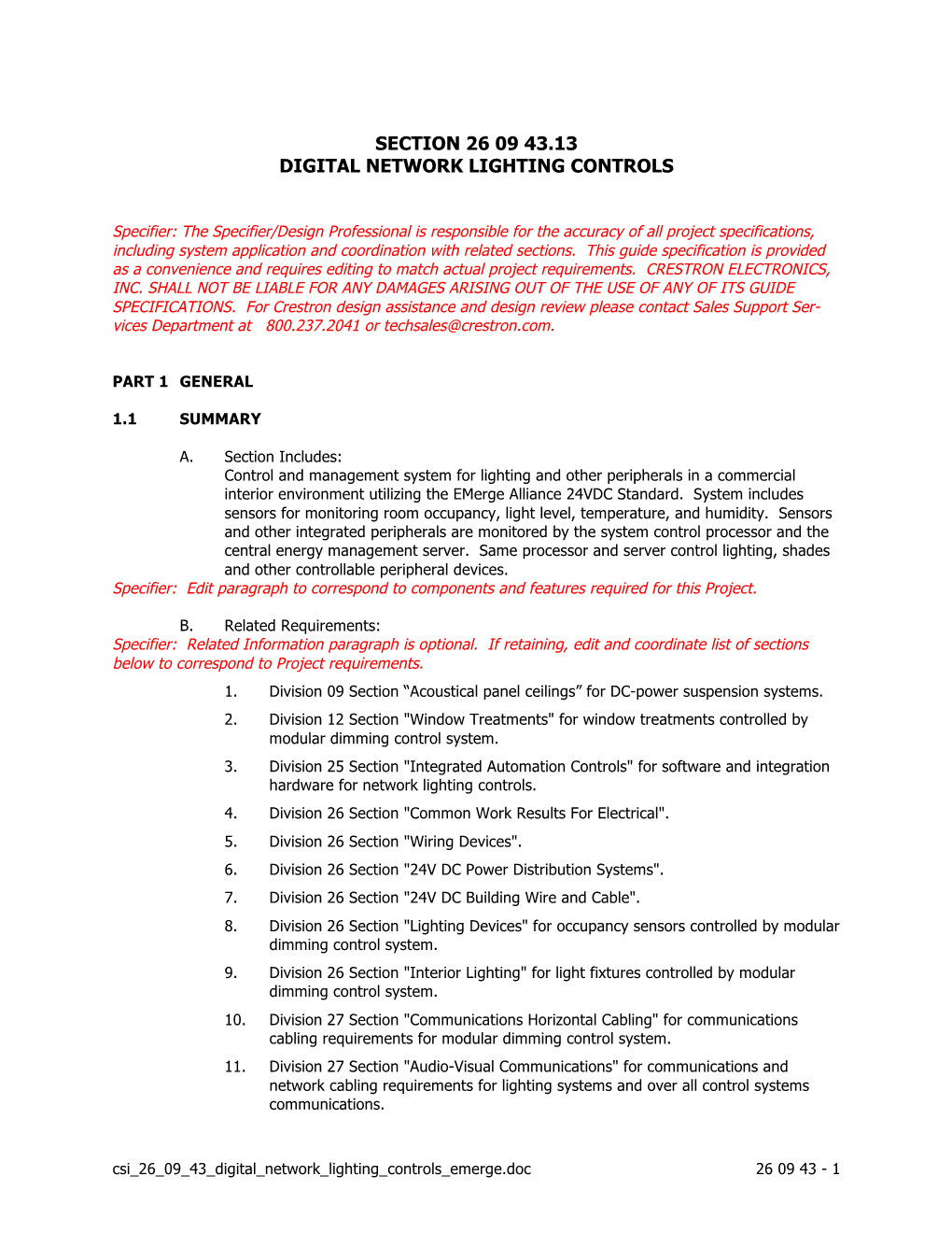 Section 26 09 43.13 Digital Network Lighting Controls