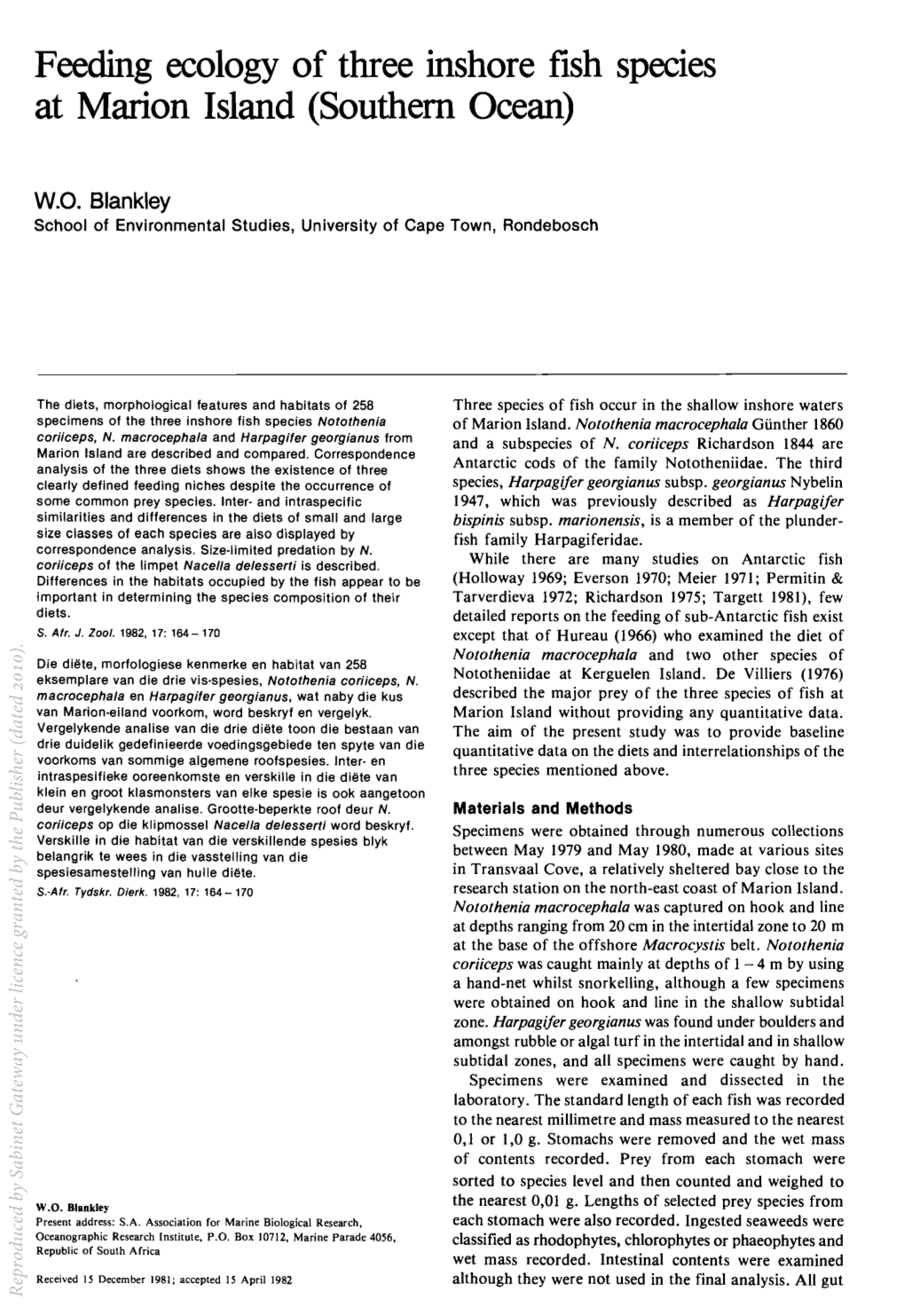 Feeding Ecology of Three Inshore Fish Species at Marion Island (Southern Ocean)