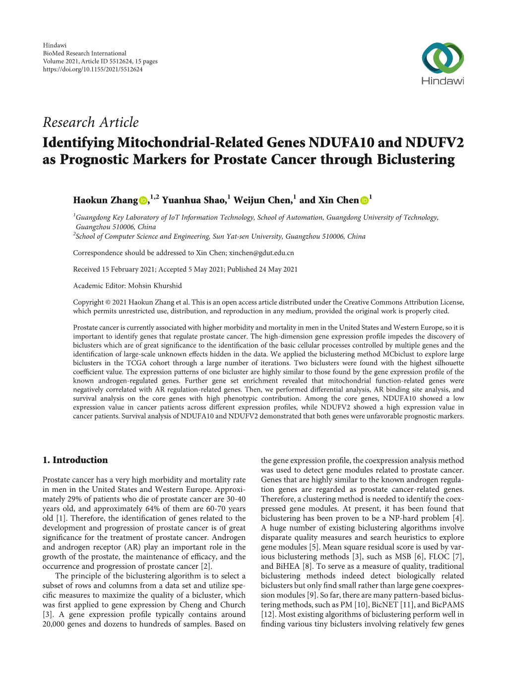 Identifying Mitochondrial-Related Genes NDUFA10 and NDUFV2 As Prognostic Markers for Prostate Cancer Through Biclustering