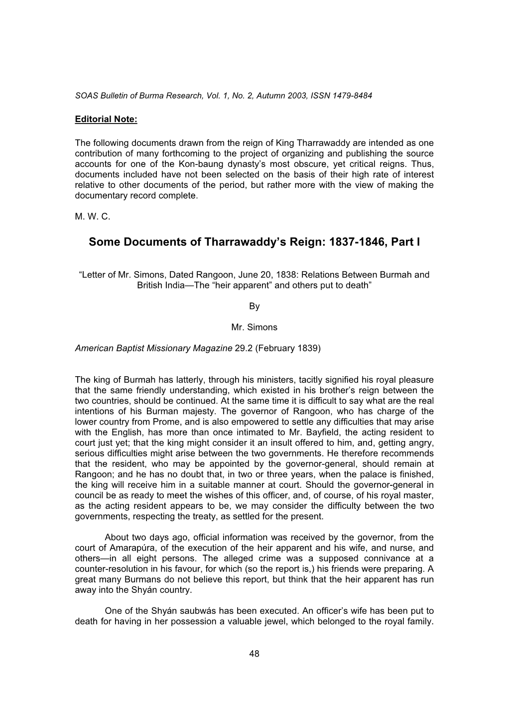 Some Documents of Tharrawaddy's Reign:1837Â€“1846, Part I" (PDF)