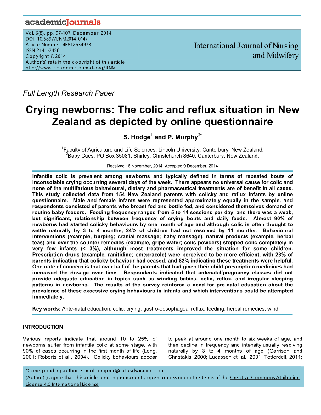 Crying Newborns: the Colic and Reflux Situation in New Zealand As Depicted by Online Questionnaire