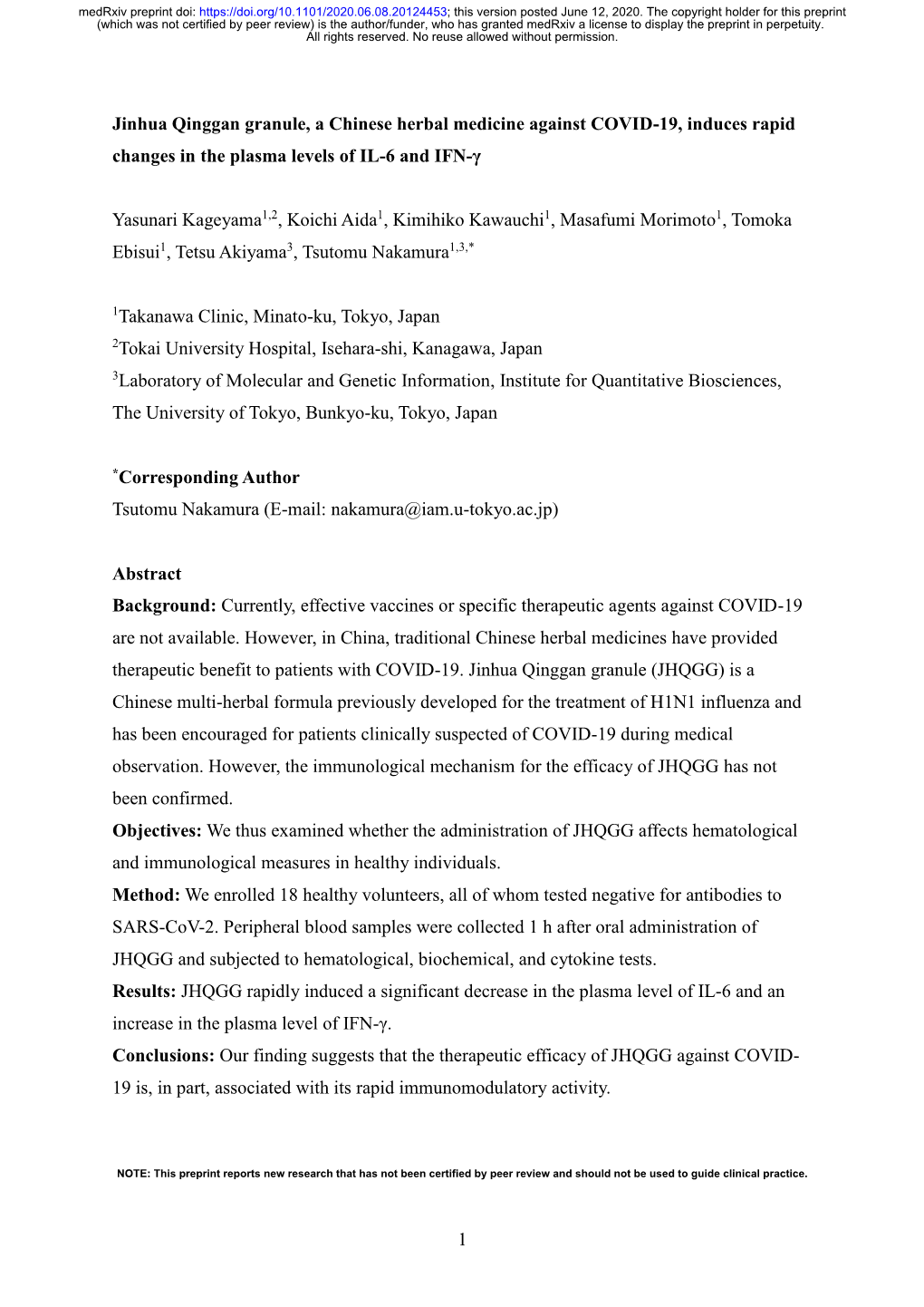 Jinhua Qinggan Granule, a Chinese Herbal Medicine Against COVID-19, Induces Rapid Changes in the Plasma Levels of IL-6 and IFN-Γ