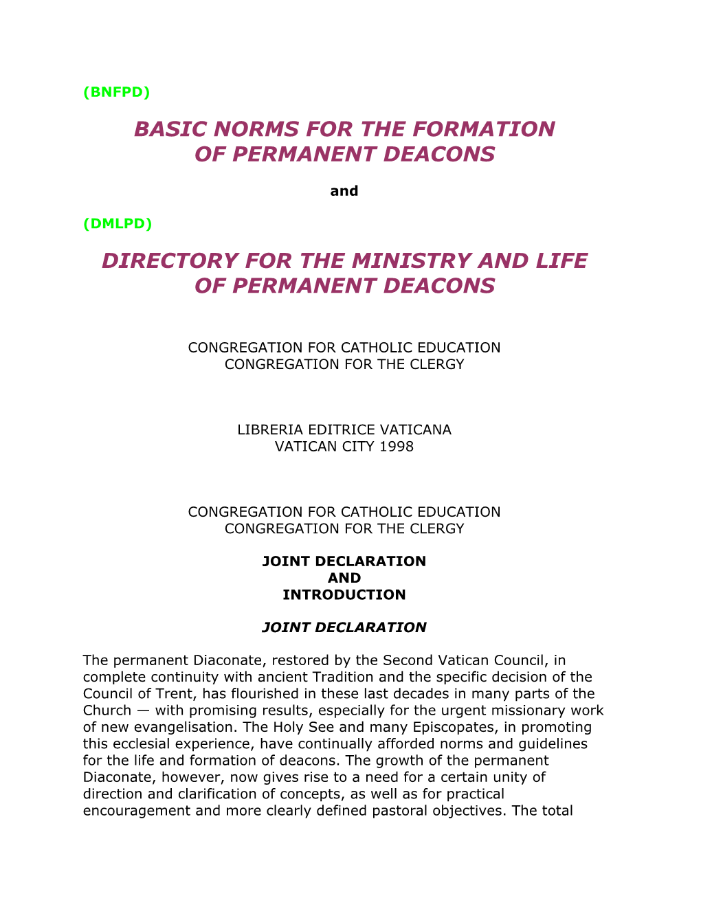 Basic Norms for the Formation of Permanent Deacons