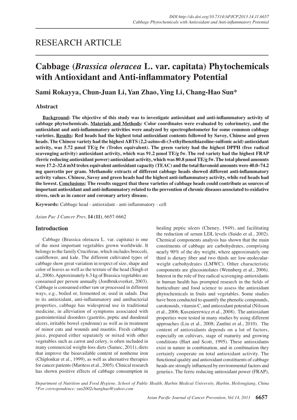 RESEARCH ARTICLE Cabbage (Brassica Oleracea L. Var. Capitata)