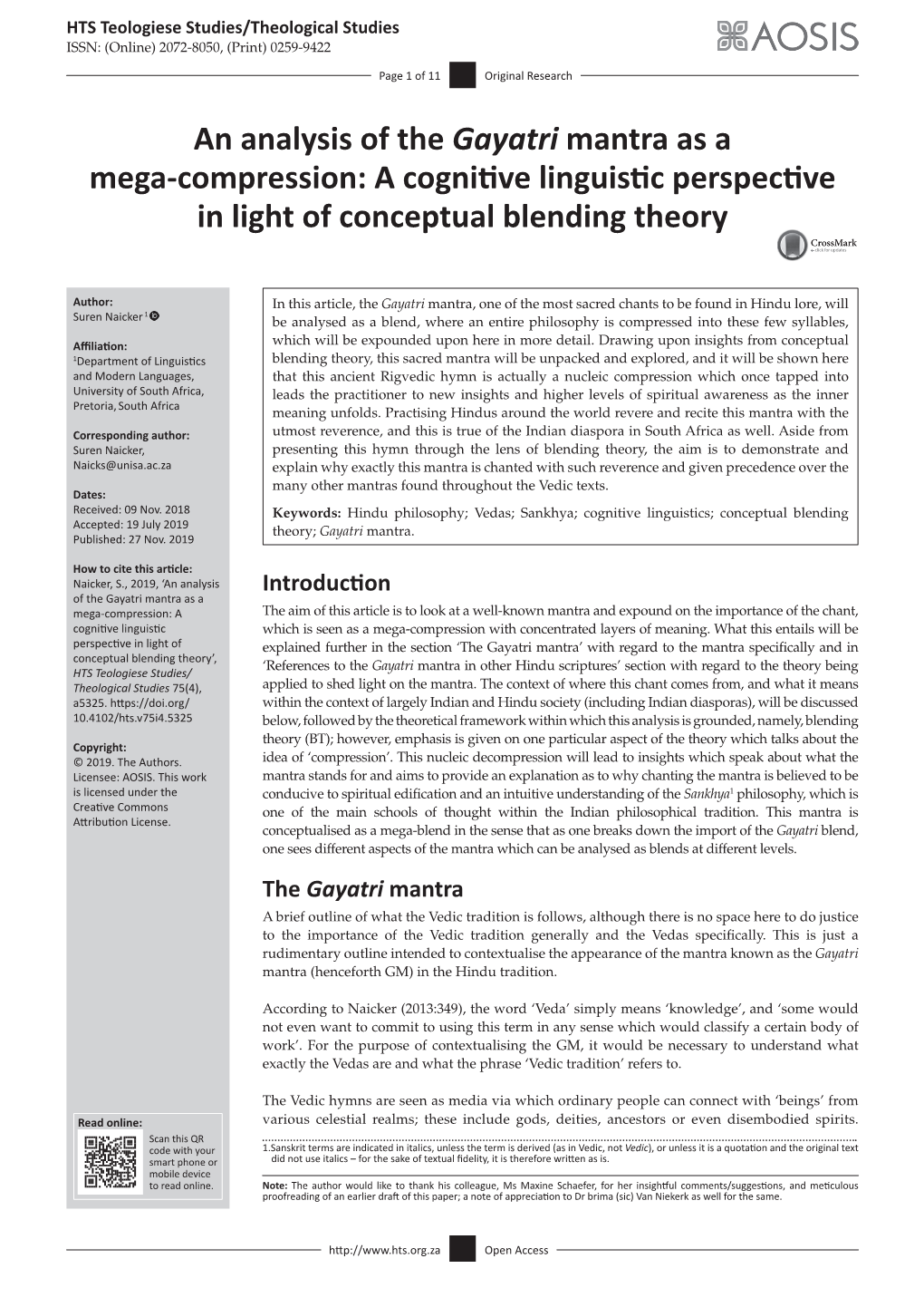An Analysis of the Gayatri Mantra As a Mega-Compression: a Cognitive Linguistic Perspective in Light of Conceptual Blending Theory