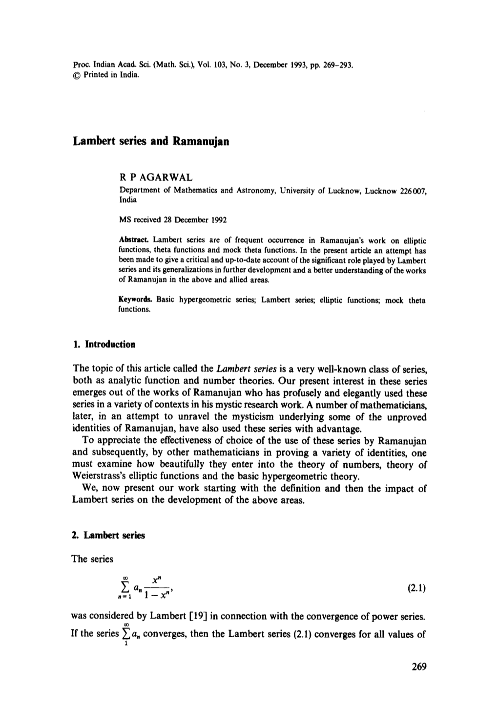 Lambert Series and Ramanujan
