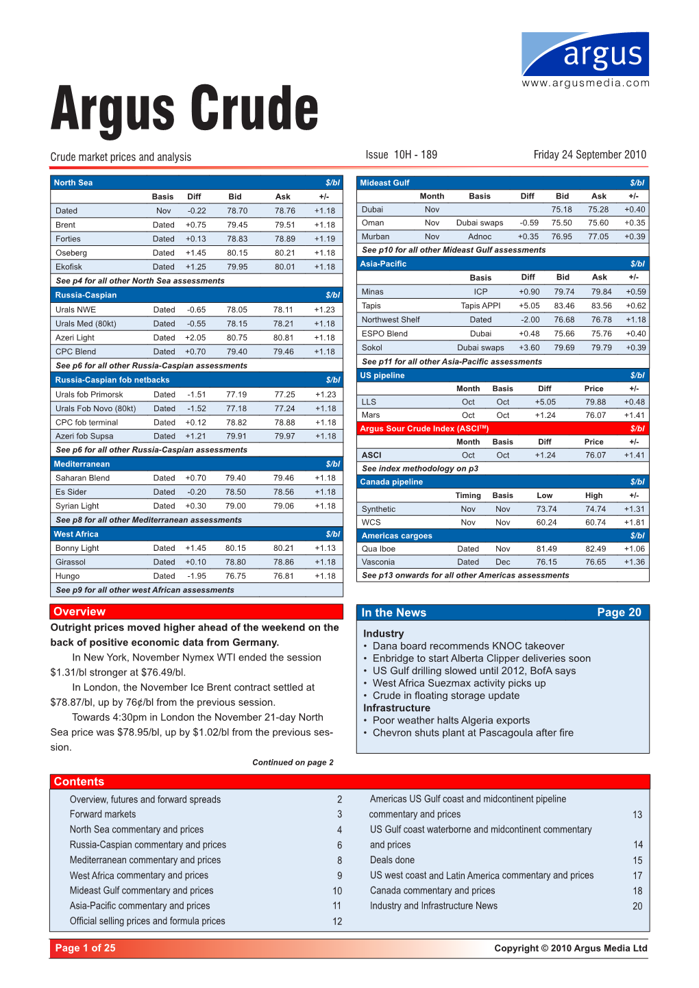 Argus Crude Crude Market Prices and Analysis Issue 10H - 189 Friday 24 September 2010