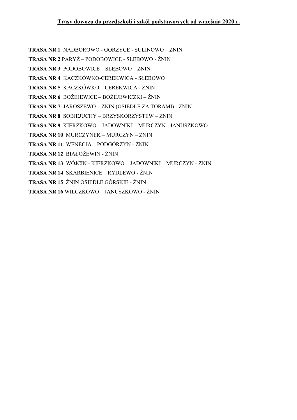 Trasy Dowozu Do Przedszkoli I Szkół Podstawowych Od Września 2020 R