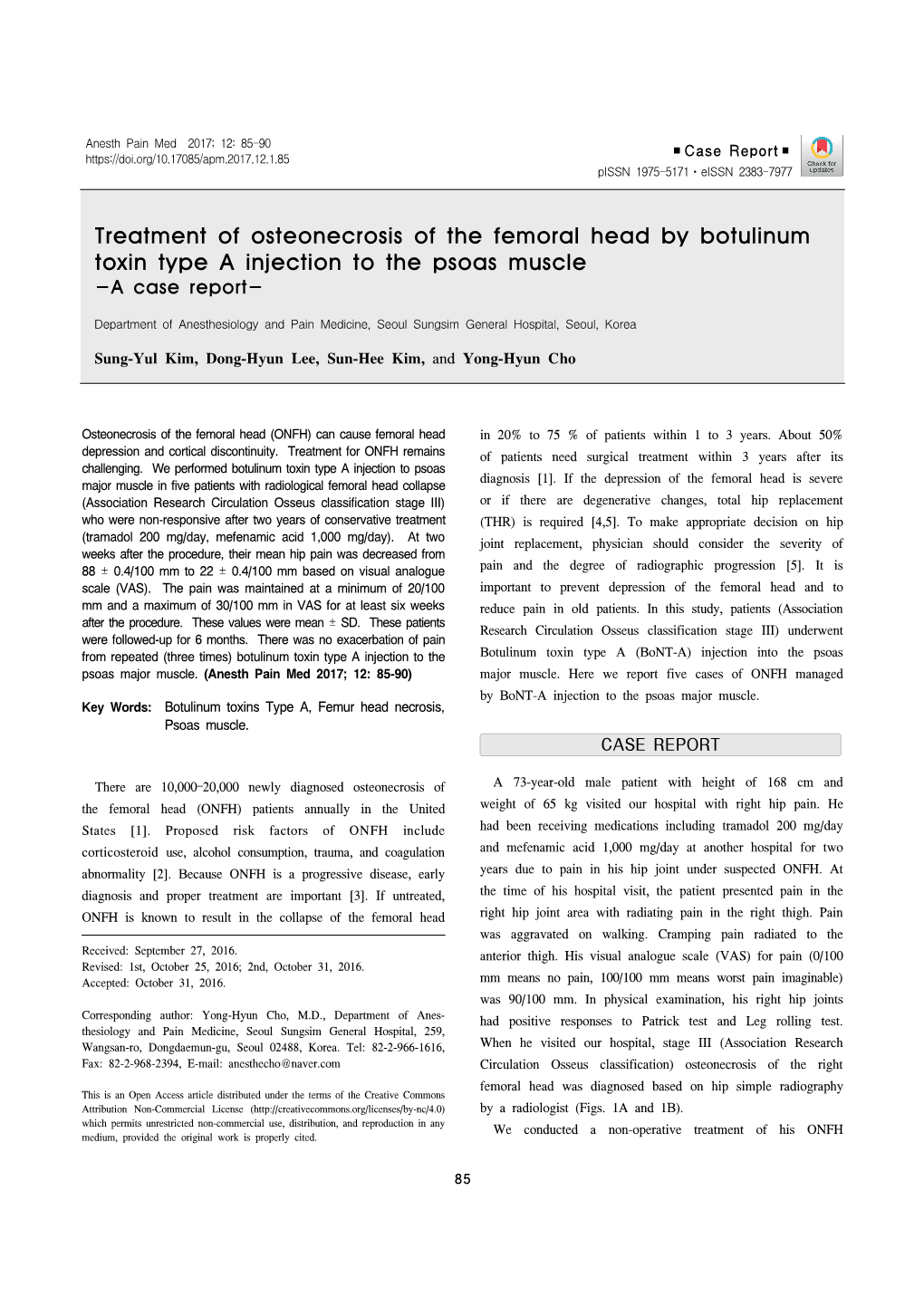 Treatment of Osteonecrosis of the Femoral Head by Botulinum Toxin Type a Injection to the Psoas Muscle -A Case Report