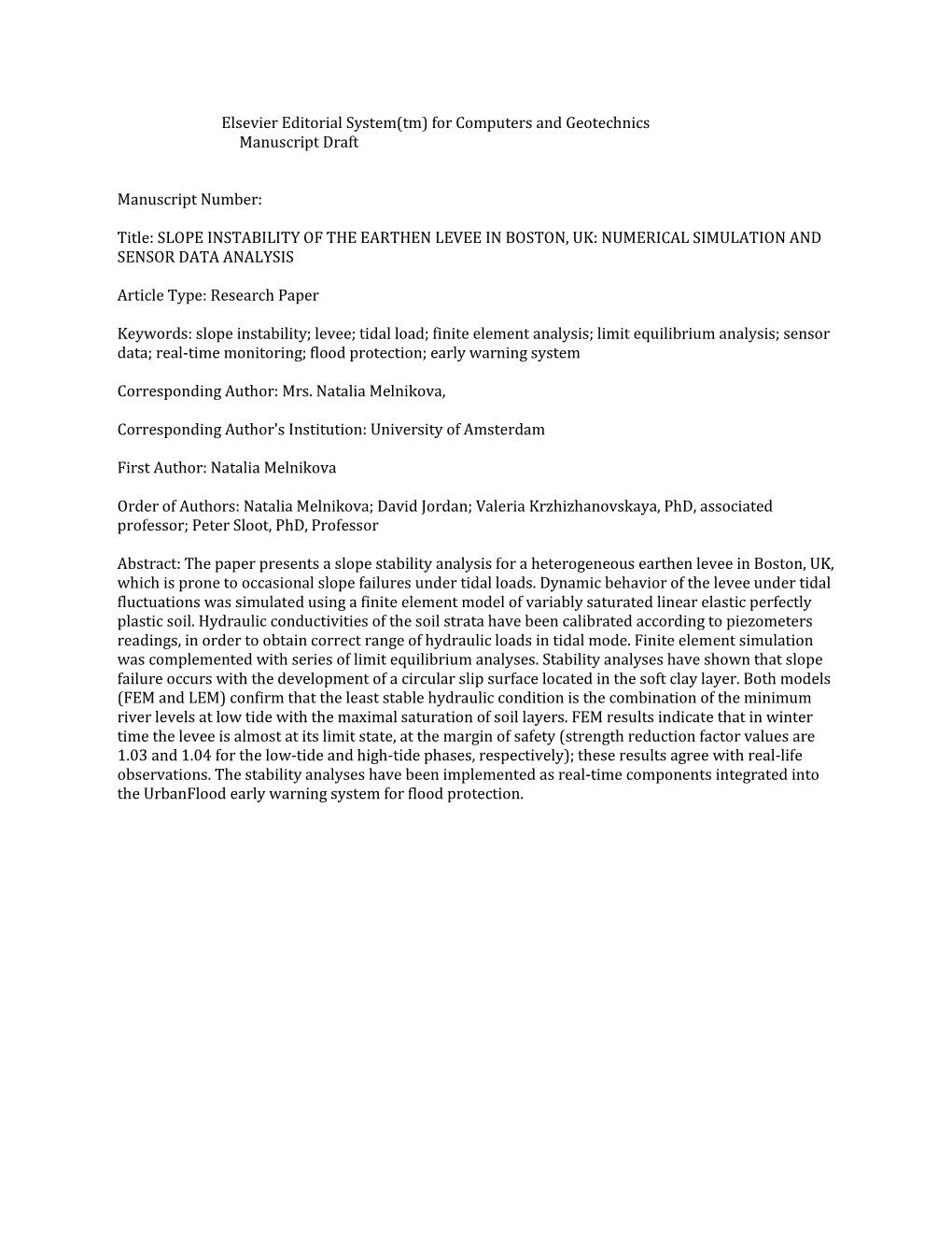 Title: SLOPE INSTABILITY of the EARTHEN LEVEE in BOSTON, UK: NUMERICAL SIMULATION and SENSOR DATA ANALYSIS