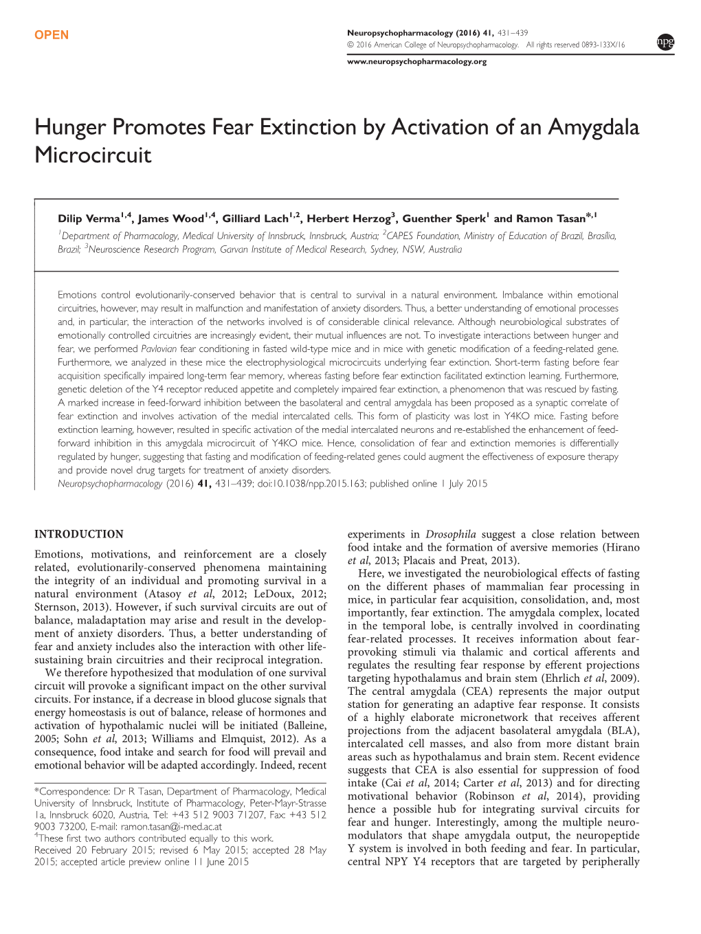 Hunger Promotes Fear Extinction by Activation of an Amygdala Microcircuit