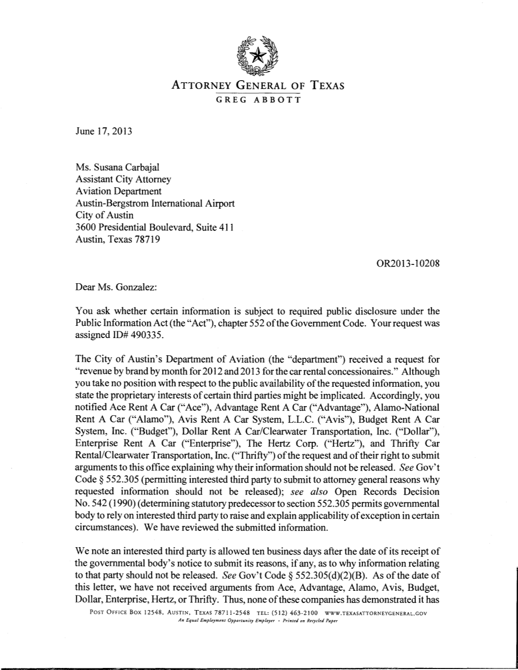 June 17,2013 Ms. Susana Carbajal Assistant City Attorney Aviation Department Austin-Bergstrom International Airport City of Aust