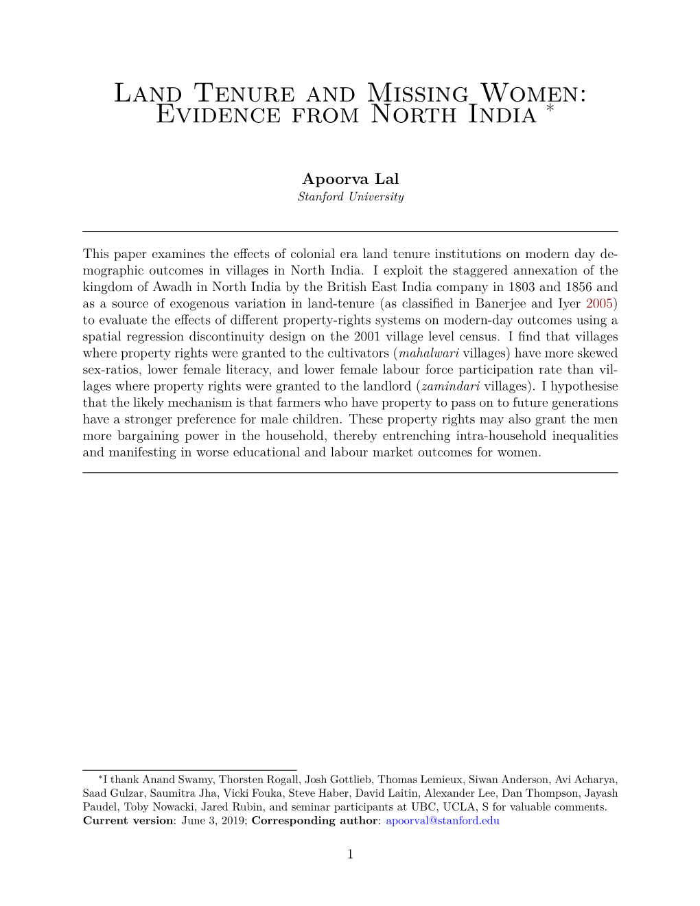 Land Tenure and Missing Women: Evidence from North India ∗