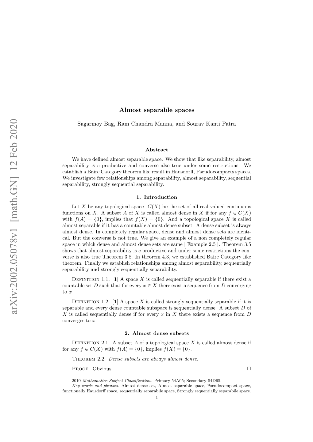 Arxiv:2002.05078V1 [Math.GN] 12 Feb 2020 Eaaiiy Togysqeta Separability