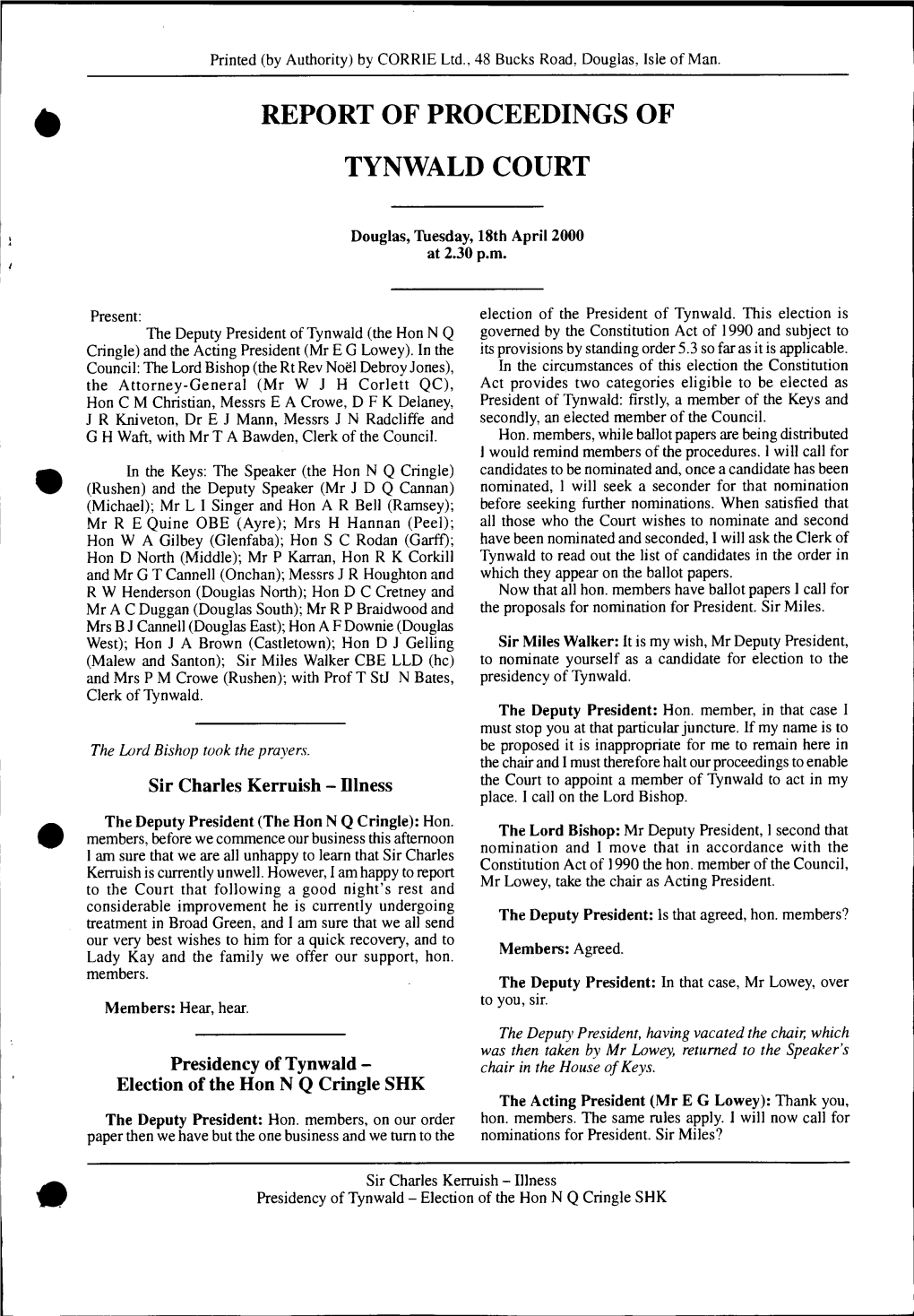 Report of Proceedings of Tynwald Court