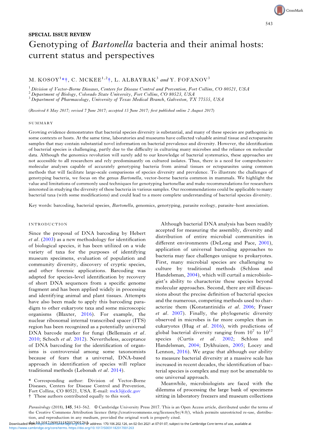 Genotyping of Bartonella Bacteria and Their Animal Hosts: Current Status and Perspectives