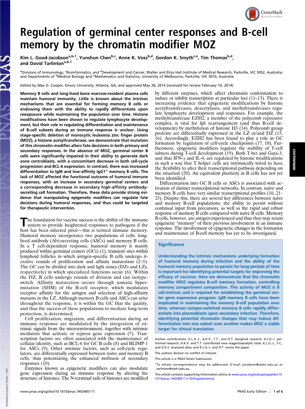 Regulation of Germinal Center Responses and B-Cell Memory by the Chromatin Modifier MOZ