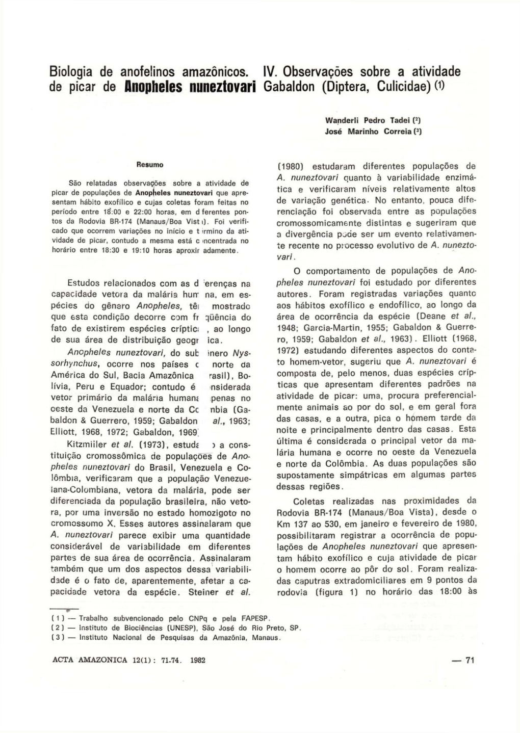 Biologia De Anofelinos Amazônicos. IV. Observações Sobre a Atividade De Picar De Anopheles Nuneztovari Gabaldon (Diptera, Culicidae) 0)
