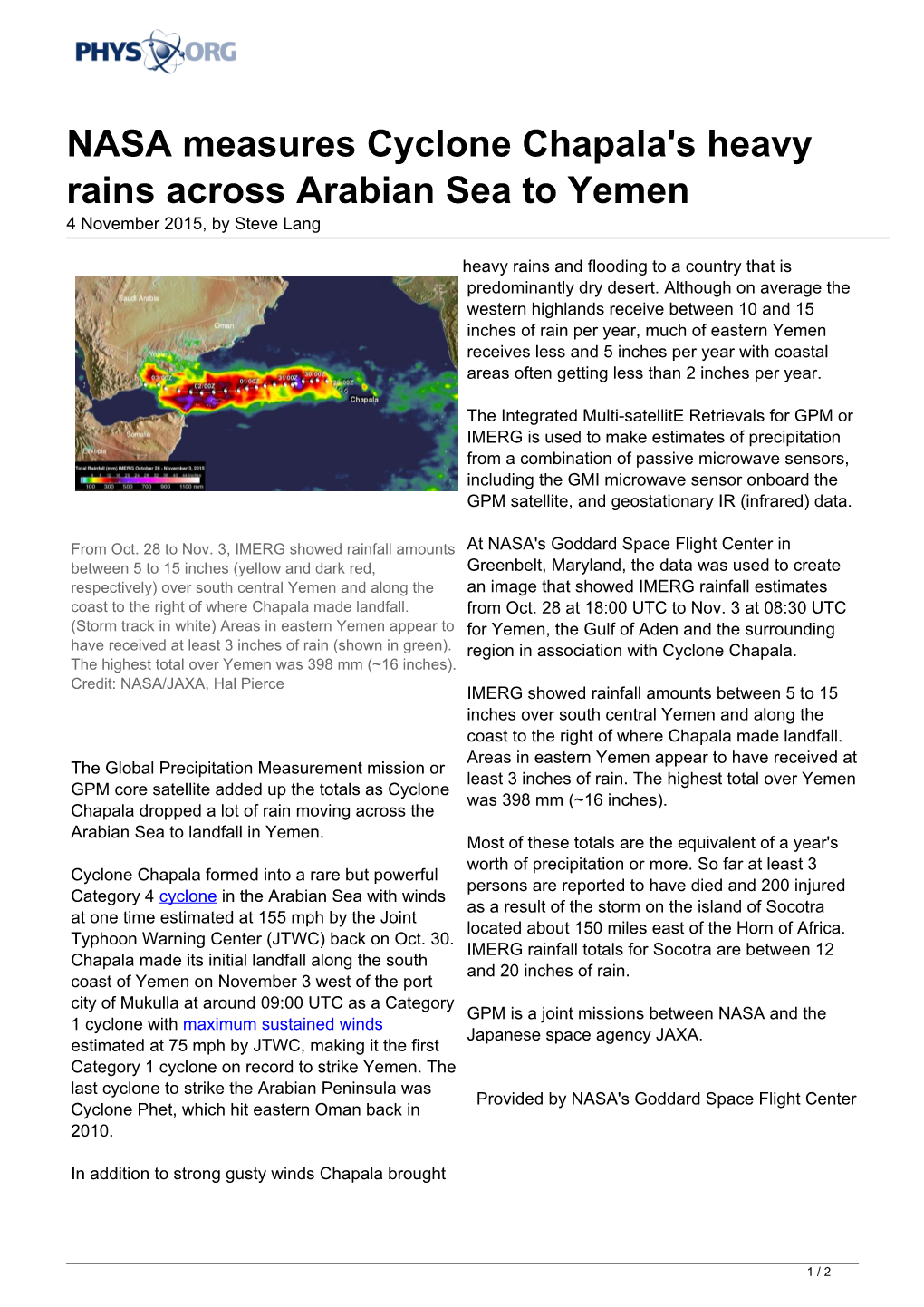 NASA Measures Cyclone Chapala's Heavy Rains Across Arabian Sea to Yemen 4 November 2015, by Steve Lang