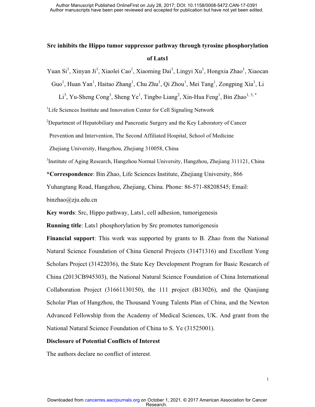 Src Inhibits the Hippo Tumor Suppressor Pathway Through Tyrosine Phosphorylation