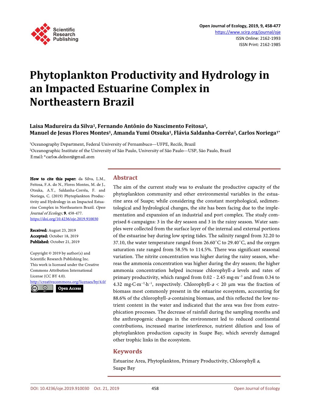 Phytoplankton Productivity and Hydrology in an Impacted Estuarine Complex in Northeastern Brazil
