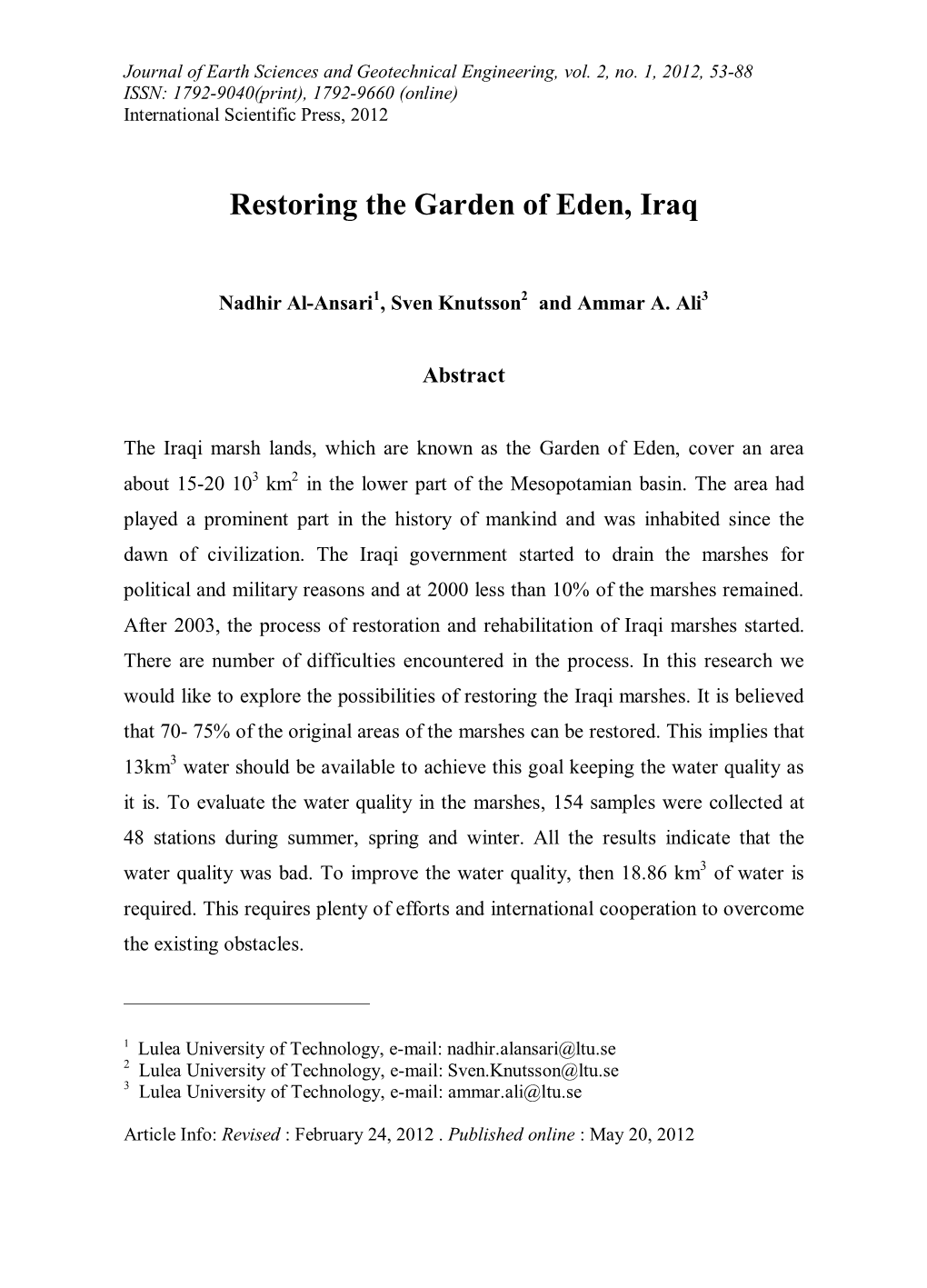 Restoring the Garden of Eden, Iraq -.: Scientific Press International Limited