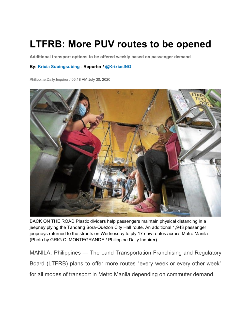 LTFRB: More PUV Routes to Be Opened