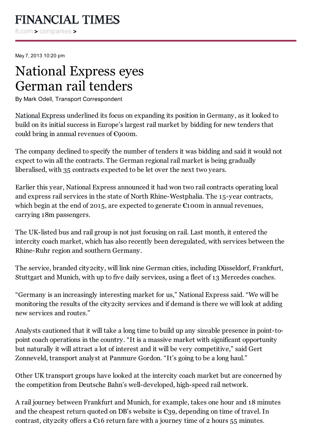 National Express Eyes German Rail Tenders by Mark Odell, Transport Correspondent