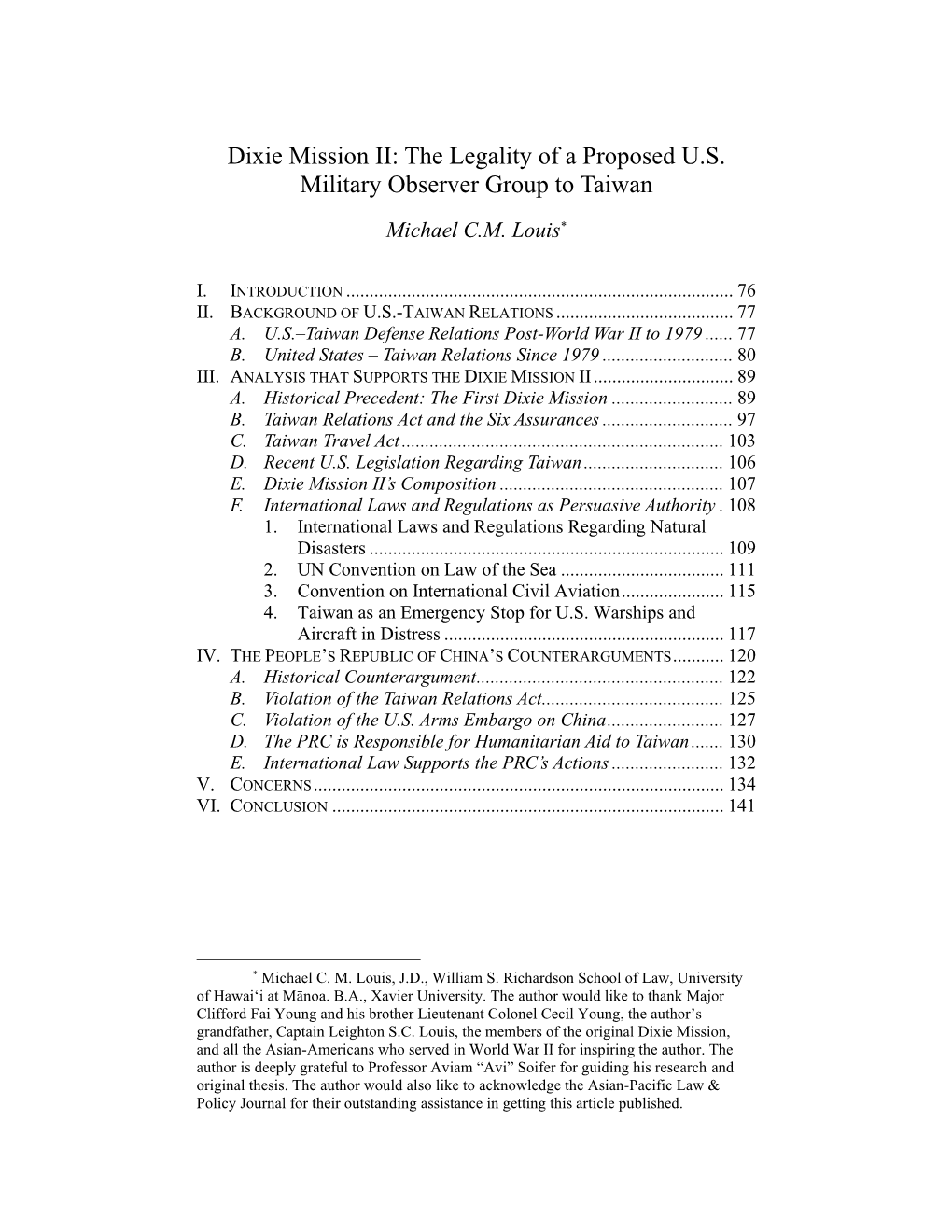 Dixie Mission II: the Legality of a Proposed U.S. Military Observer Group to Taiwan