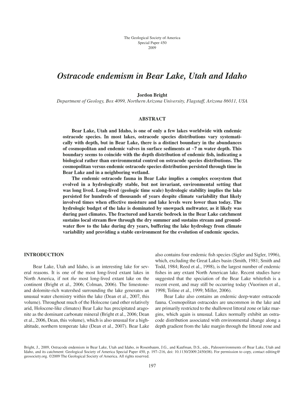 Ostracode Endemism in Bear Lake, Utah and Idaho