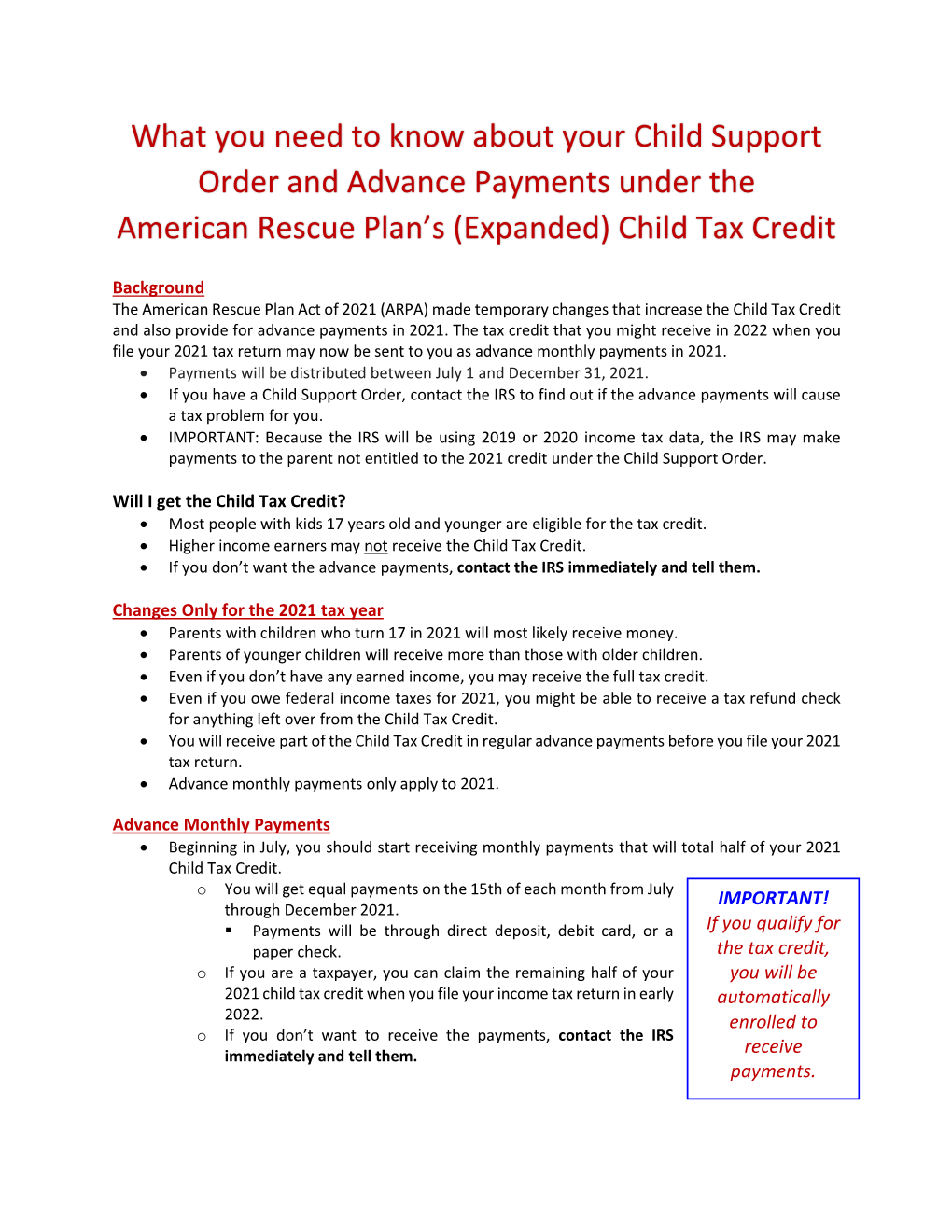 What You Need to Know About Your Child Support Order and Advance Payments Under the American Rescue Plan’S (Expanded) Child Tax Credit