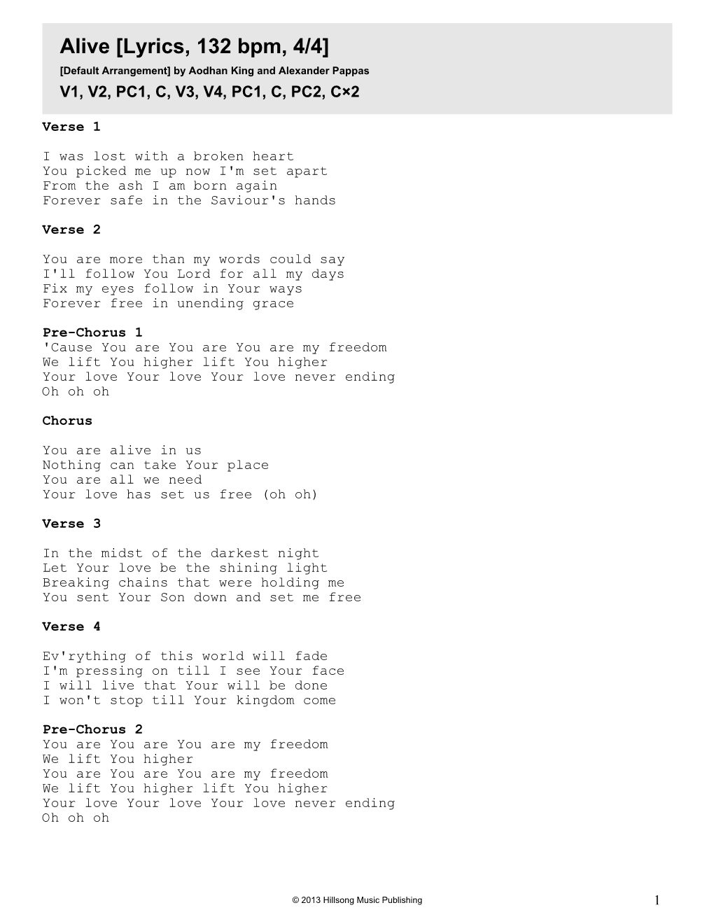 Alive [Lyrics, 132 Bpm, 4/4] [Default Arrangement] by Aodhan King and Alexander Pappas V1, V2, PC1, C, V3, V4, PC1, C, PC2, C×2