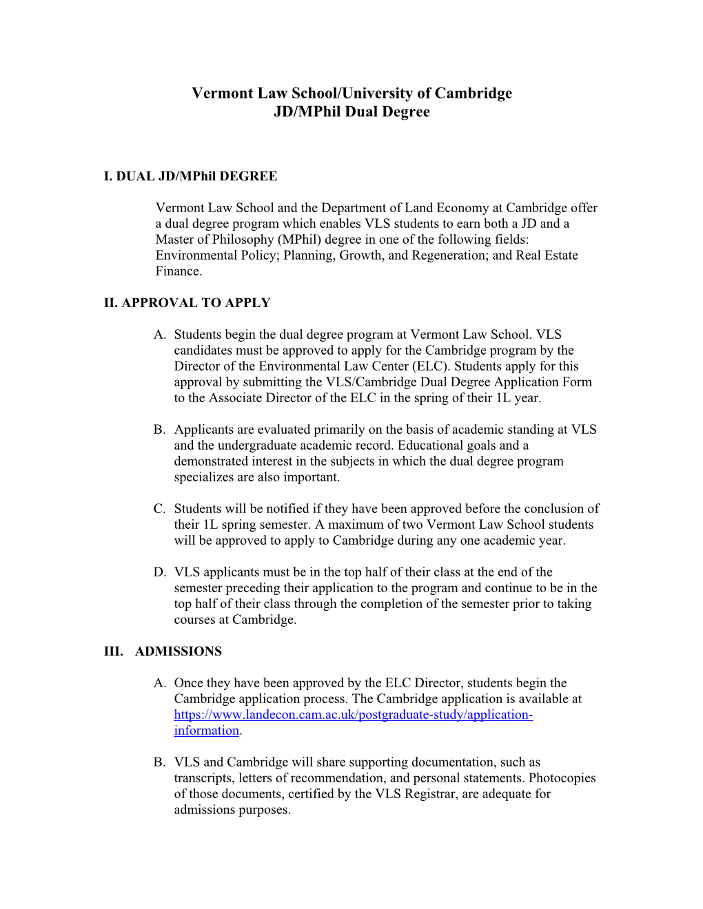 Vermont Law School/University of Cambridge JD/Mphil Dual Degree