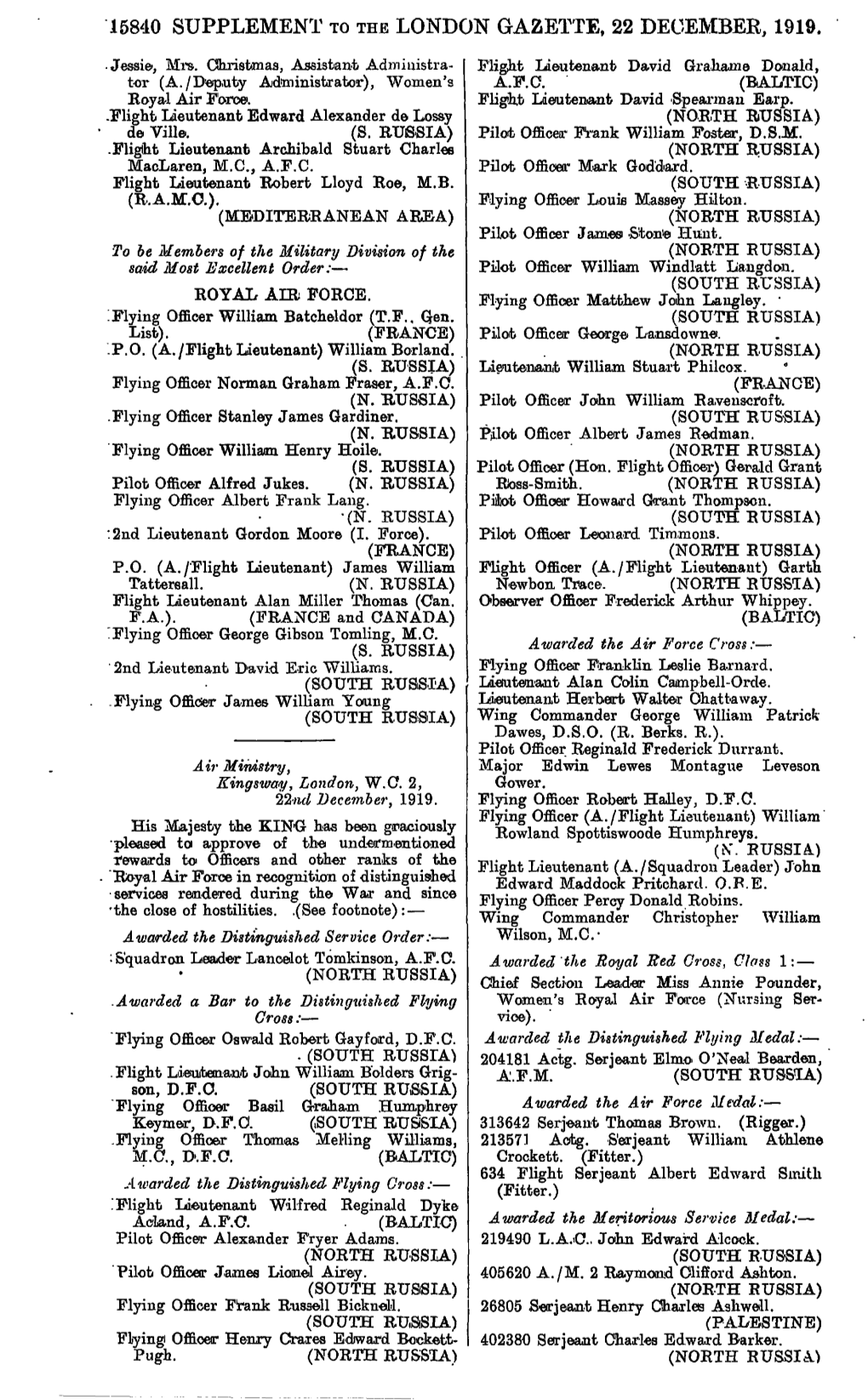 15840 Supplement to the London Gazette, 22 December, 1919