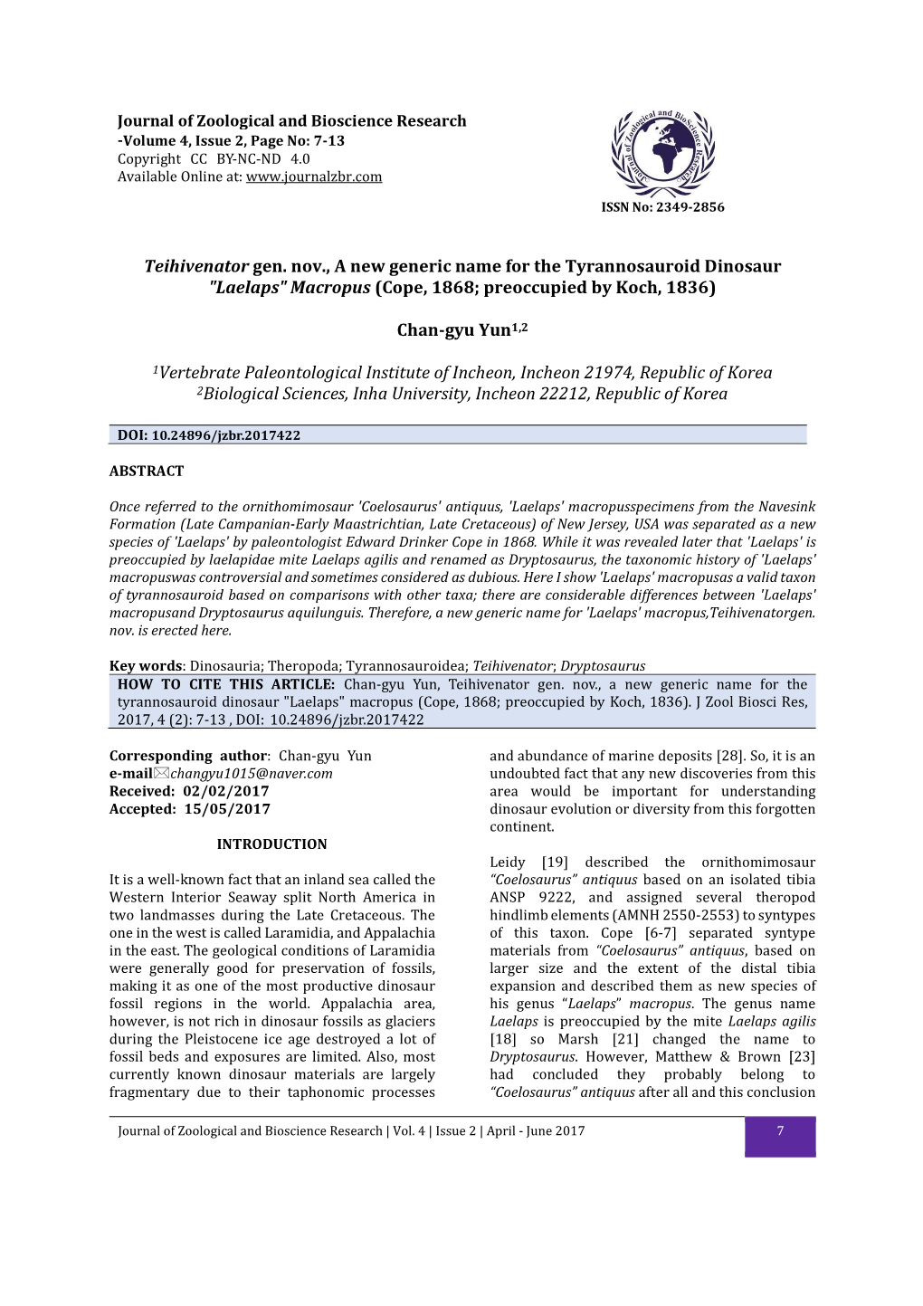 Journal of Zoological and Bioscience Research -Volume 4, Issue 2, Page No: 7-13 Copyright CC BY-NC-ND 4.0 Available Online At