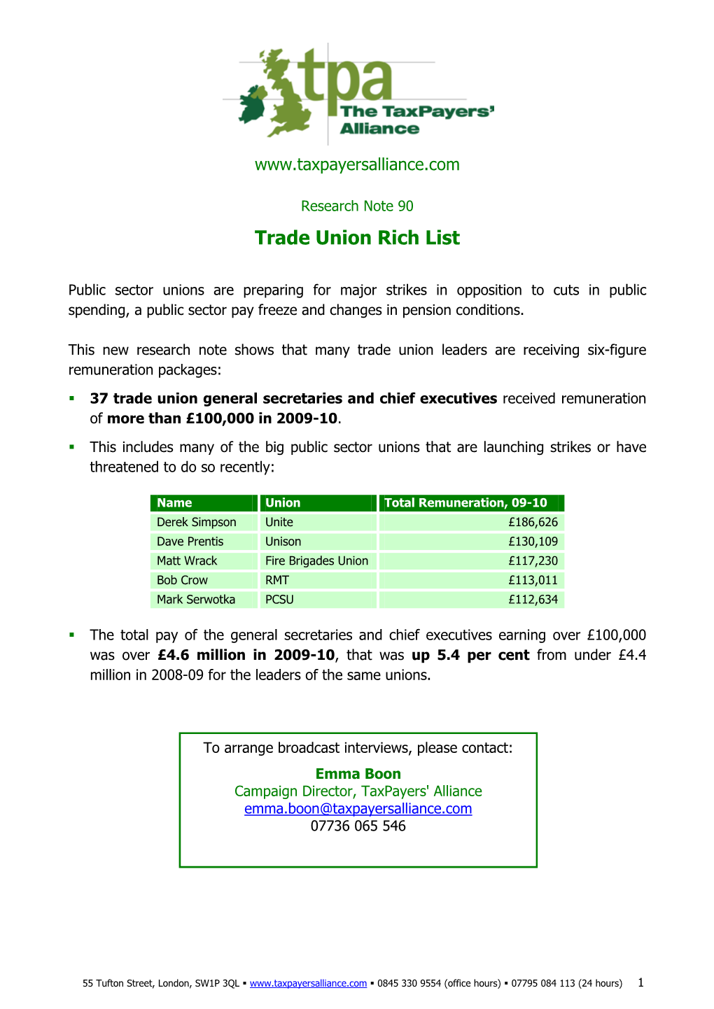 Trade Union Rich List June 2011