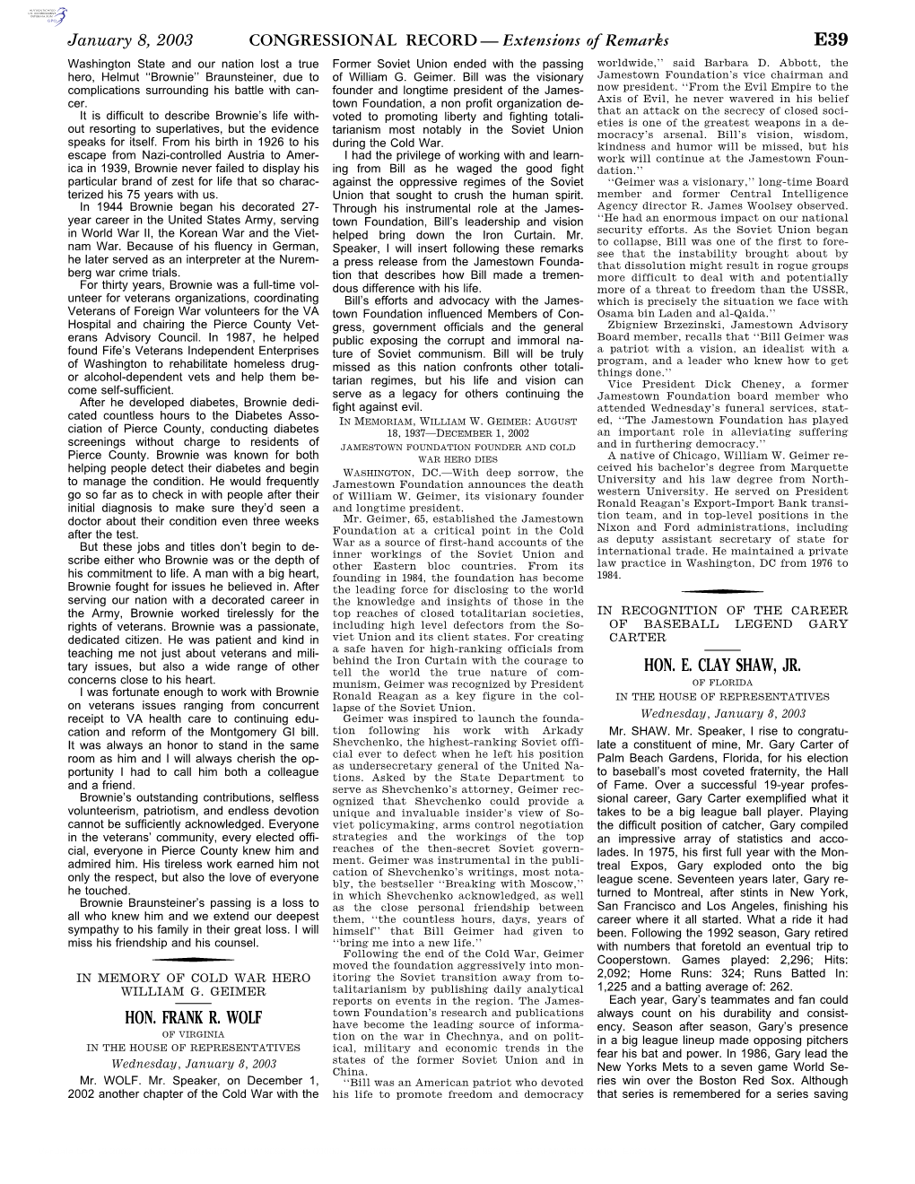 Extensions of Remarks E39 HON. FRANK R. WOLF HON. E. CLAY