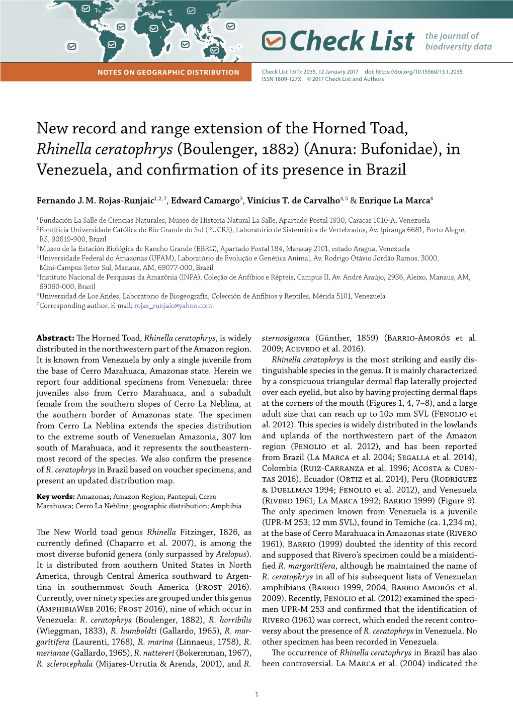 New Record and Range Extension of the Horned Toad, Rhinella Ceratophrys (Boulenger, 1882) (Anura: Bufonidae), in Venezuela, and Confirmation of Its Presence in Brazil