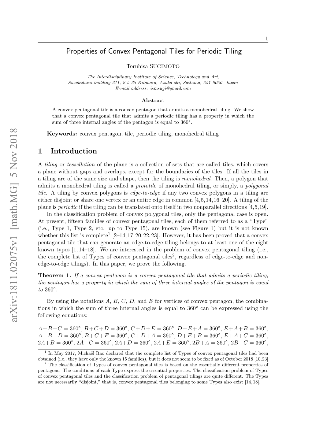 Properties of Convex Pentagonal Tiles for Periodic Tiling