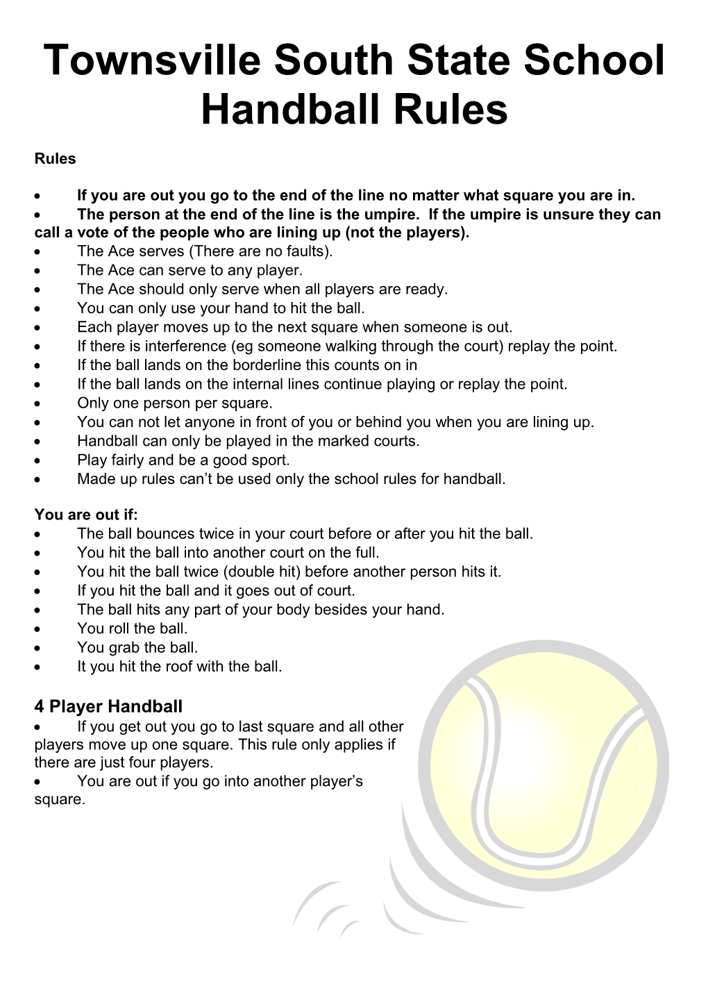 Townsville South State School Handball Rules