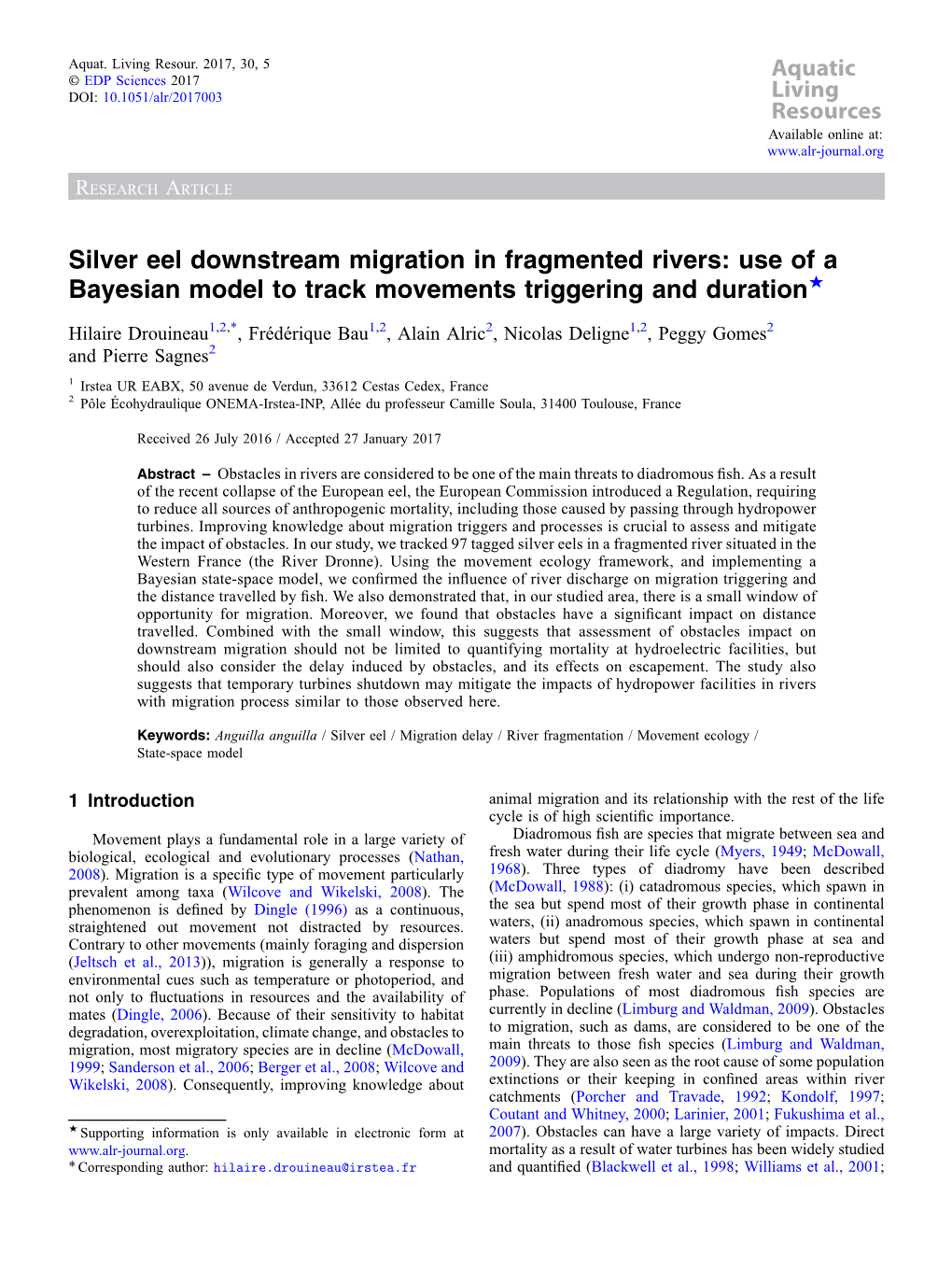 Silver Eel Downstream Migration in Fragmented Rivers: Use of a Bayesian Model to Track Movements Triggering and Duration★