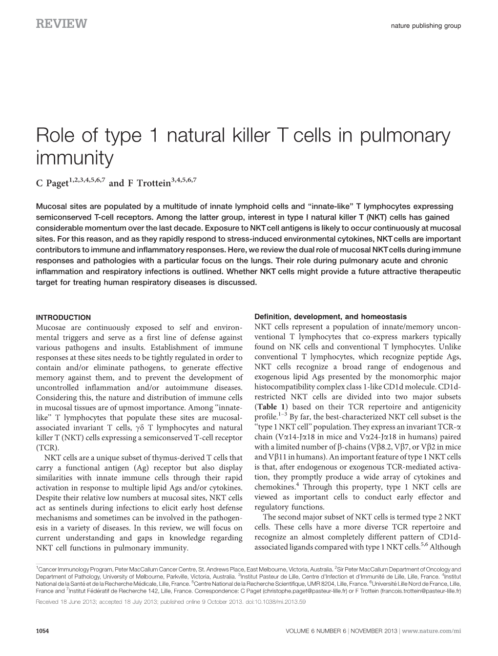 Role of Type 1 Natural Killer T Cells in Pulmonary Immunity