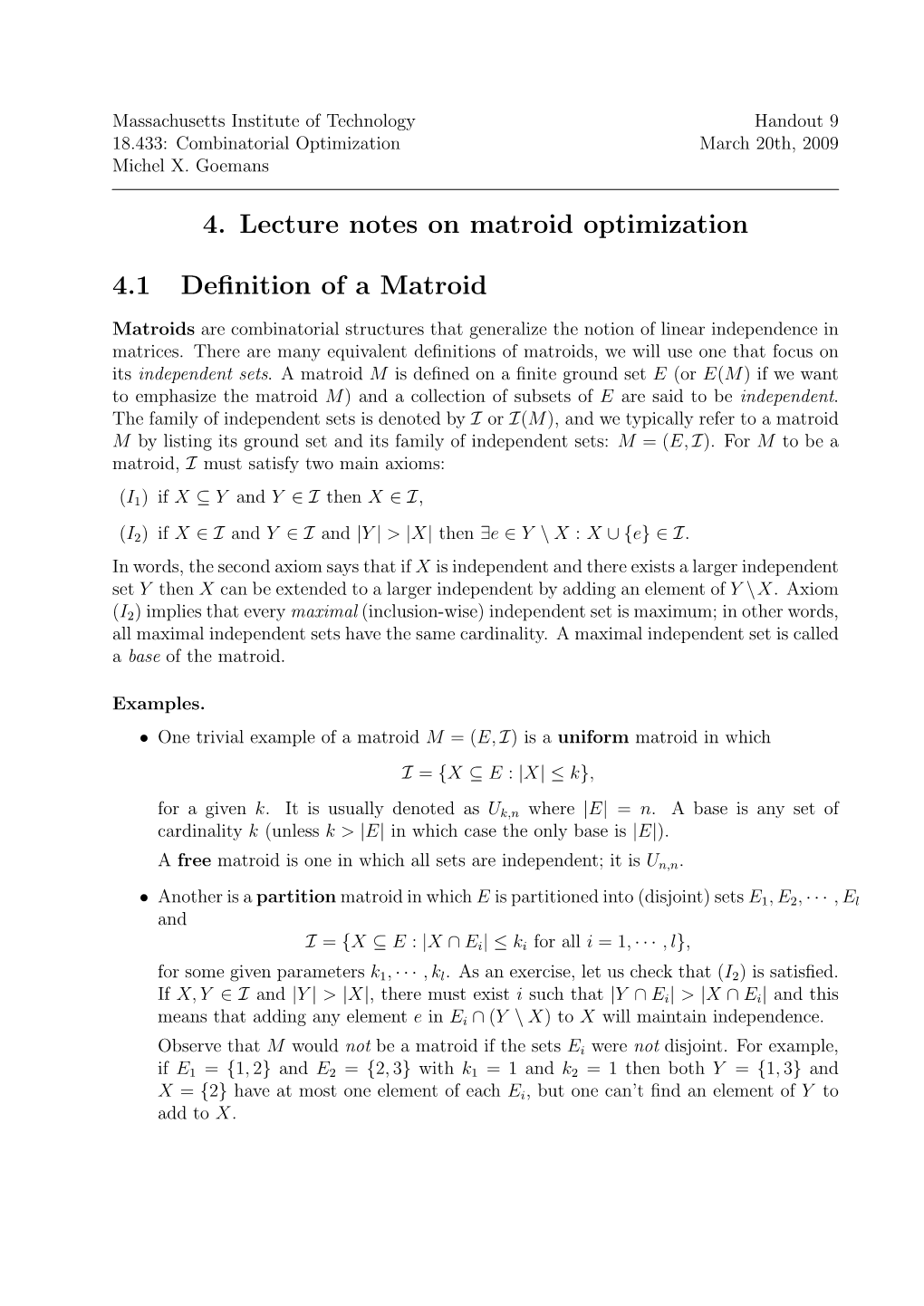 4. Lecture Notes on Matroid Optimization 4.1 Definition of A