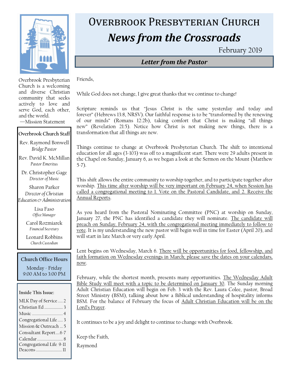 Overbrook Presbyterian Church News from the Crossroads February 2019 Letter from the Pastor