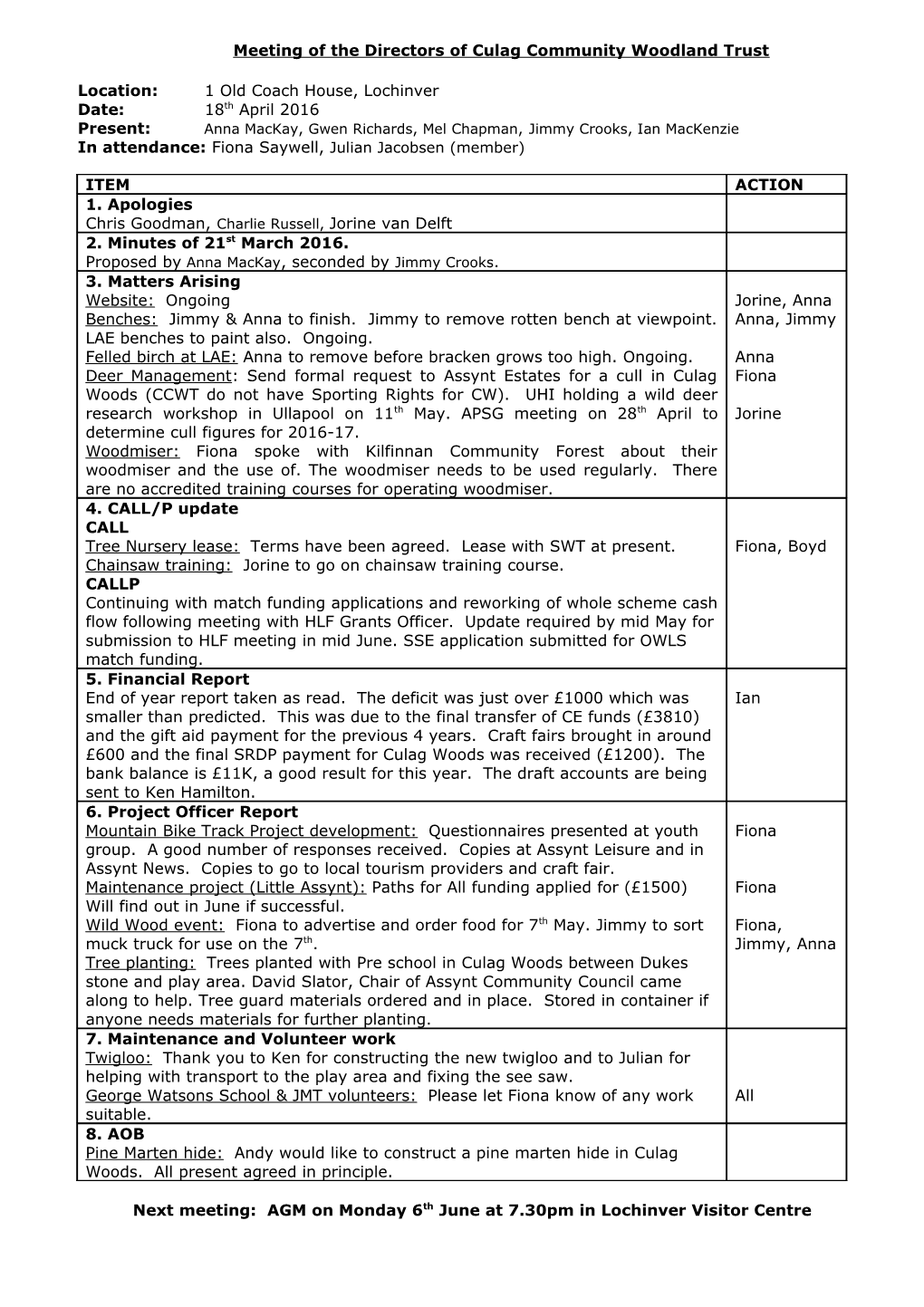 Meeting of the Directors of Culag Community Woodland Trust