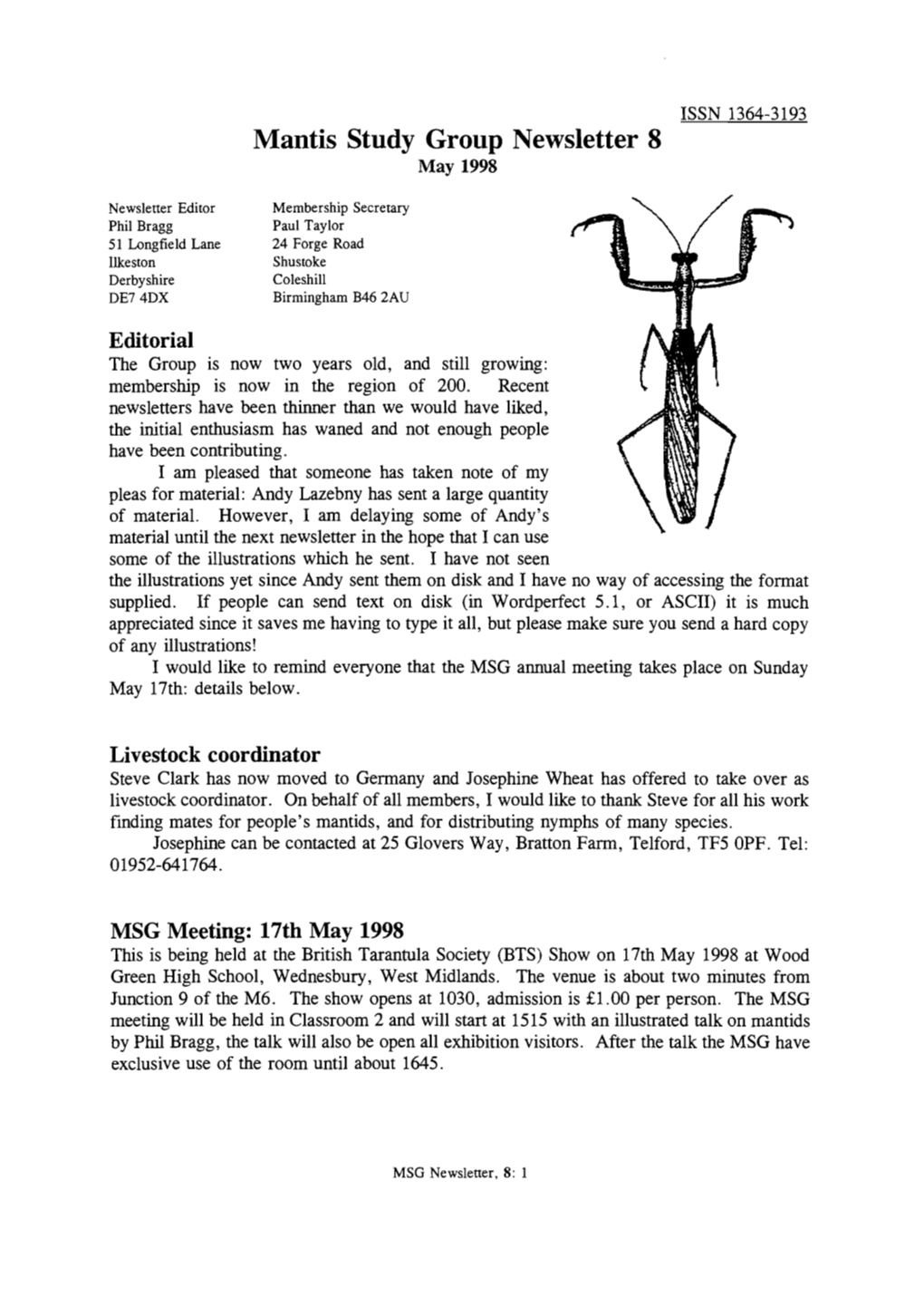 Mantis Study Group Newsletter, 8 (May 1998)